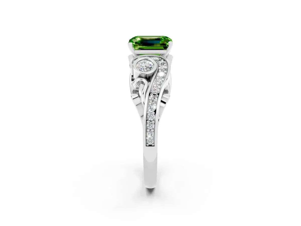 Emerald Cut Peridot Solitaire Ring with Milgrain Pavé Band and Four-Prong Setting Silver