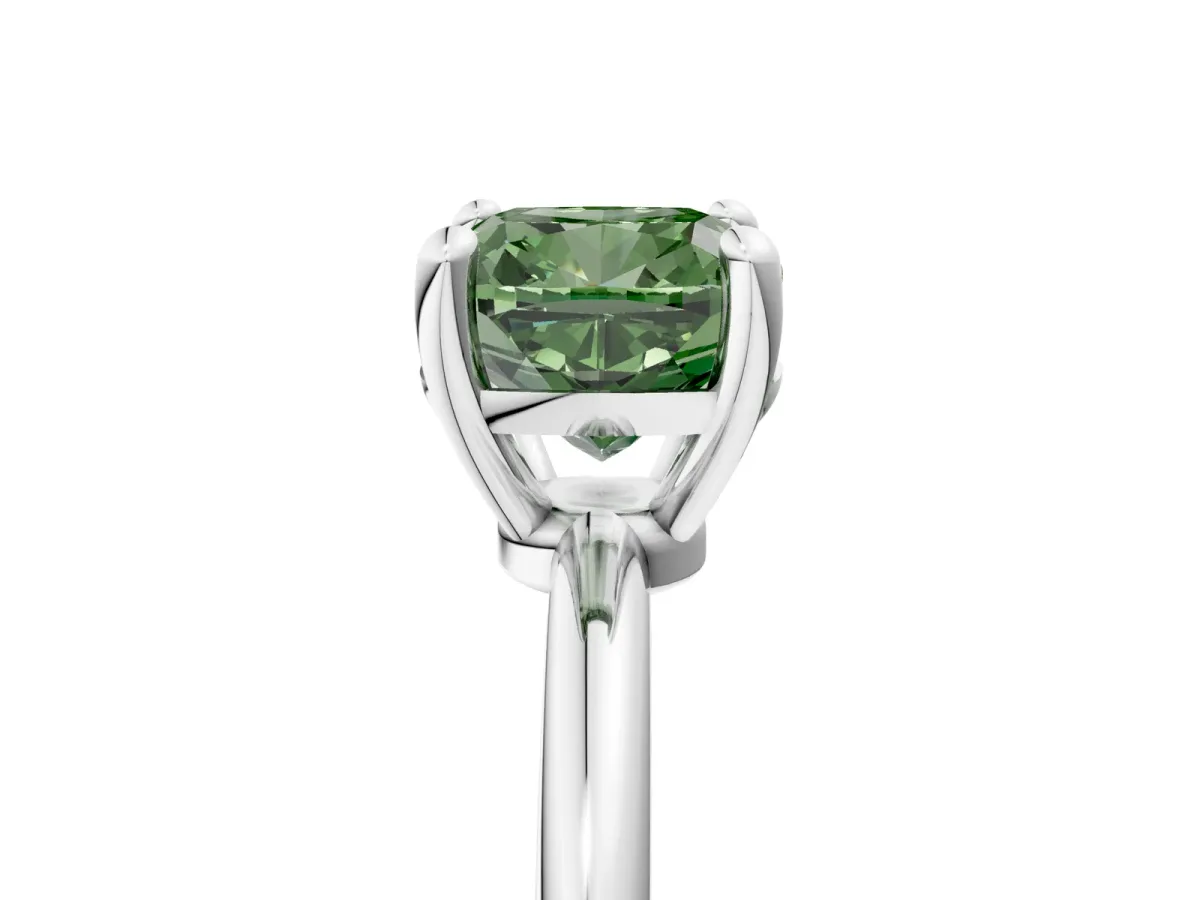 Fancy Green Cushion Cut Solitaire Diamond Ring with 4-Prong Setting on a Classic Band Silver
