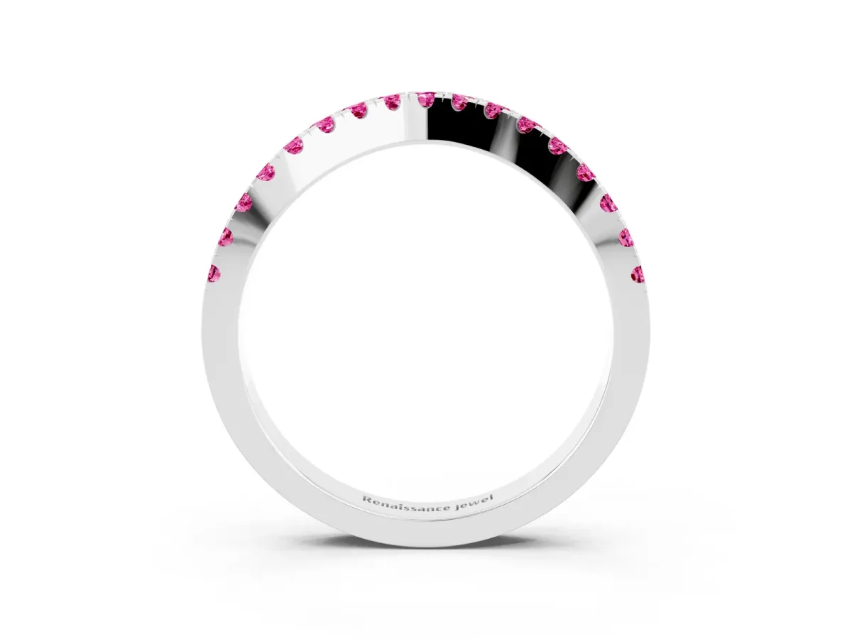 Round Pink Sapphire Pavé Curved Band with Shared Prong Setting Platinum