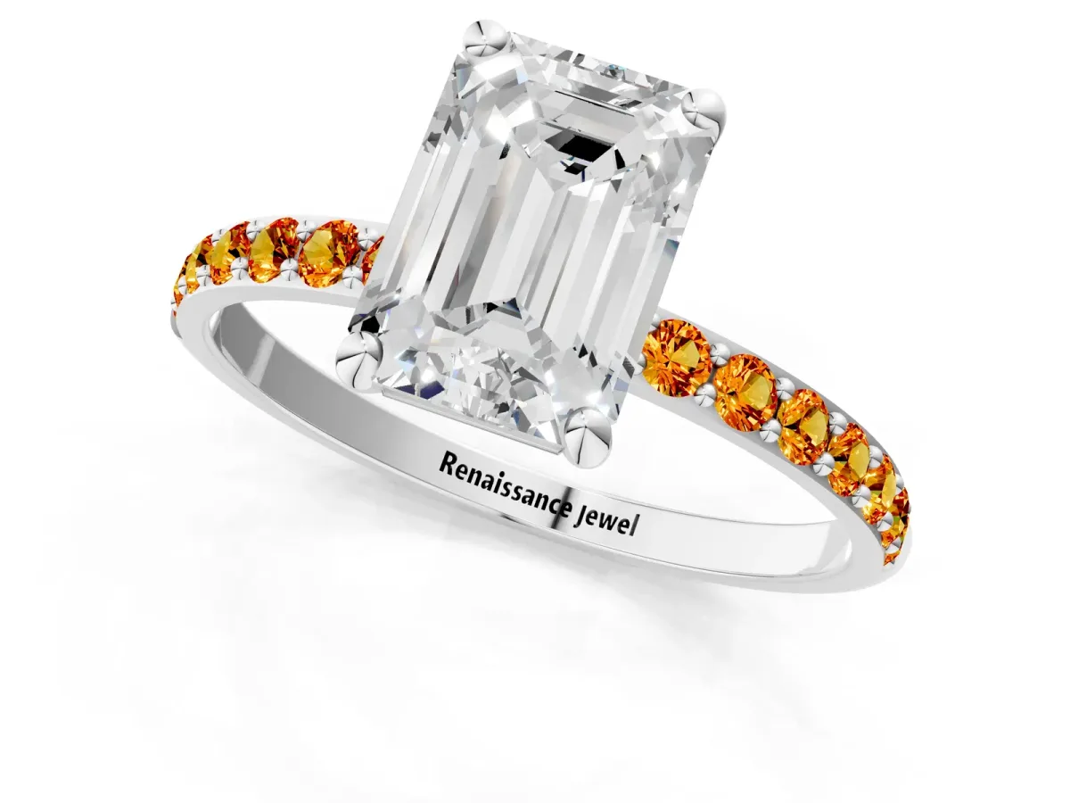 Emerald Cut Diamond Solitaire Ring with Round Citrine Pavé Band and Prong Setting Silver