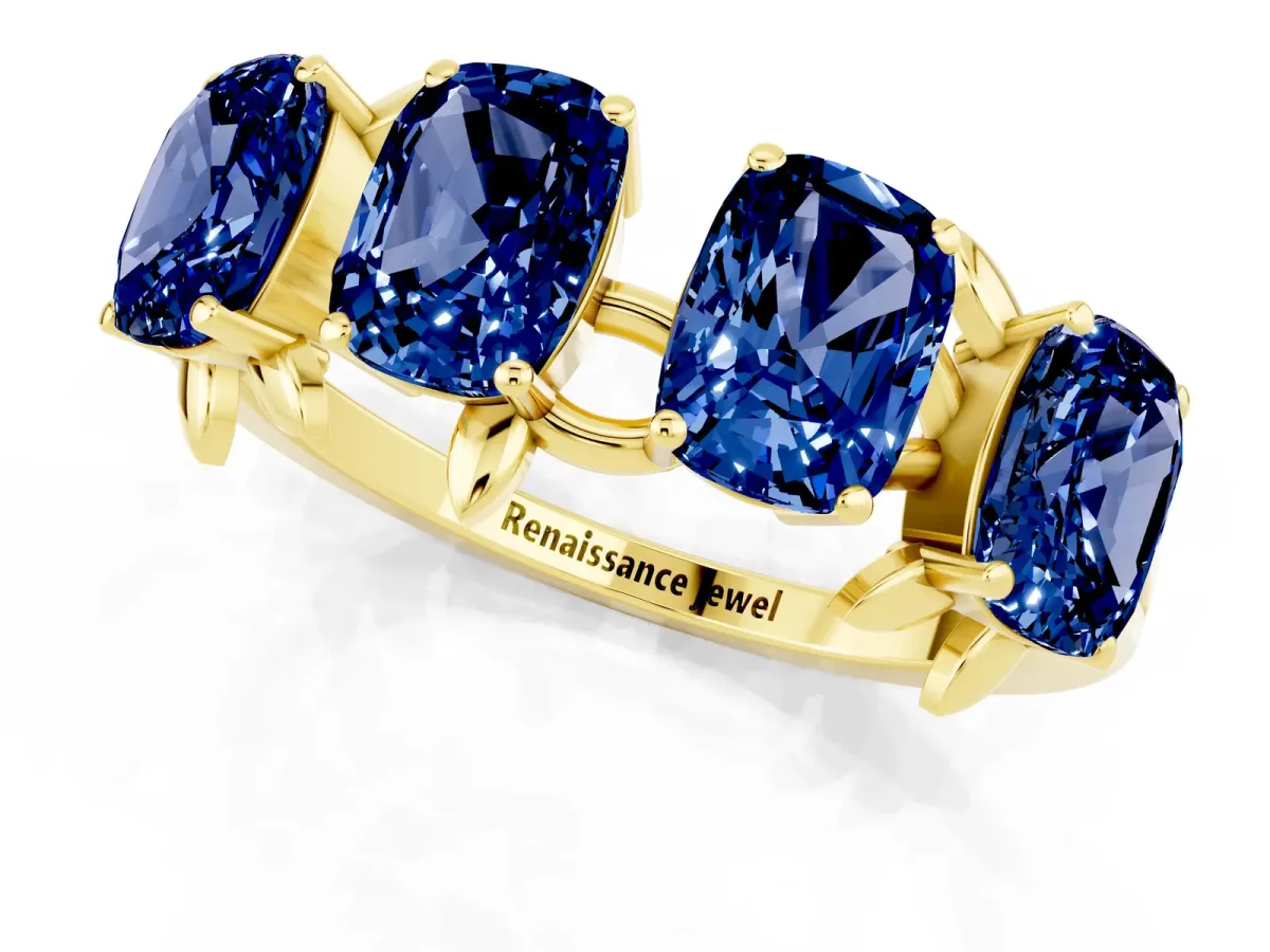 Emerald Cut Blue Sapphire Prong-Set Half Eternity Band Yellow gold