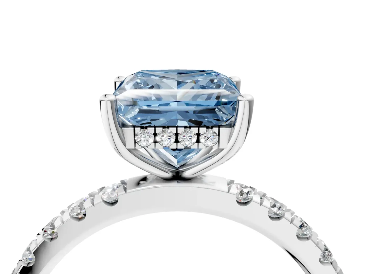 Fancy Blue Princess Cut Diamond Pave Band Solitaire Ring with Round and Prong Setting Silver