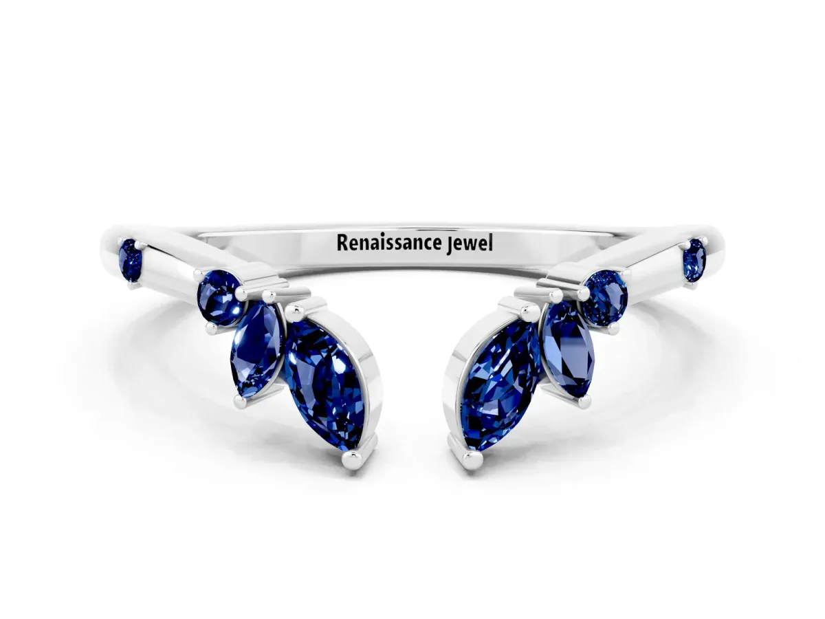 Open Marquise Cluster Blue Sapphire Band with Prong Setting Silver