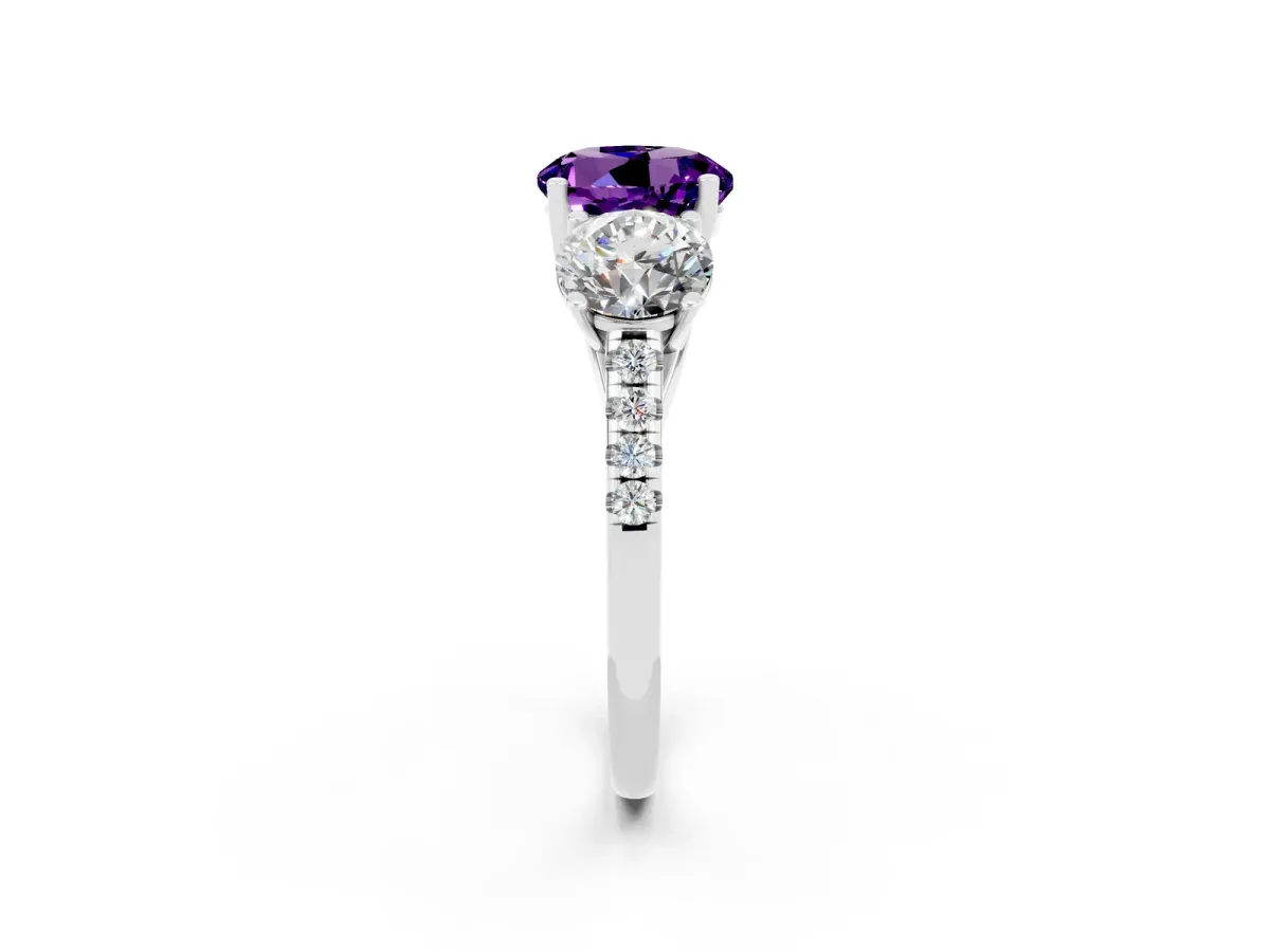 Three-Stone Round Cut Amethyst Ring with Round Pavé Band and Prong Setting White gold