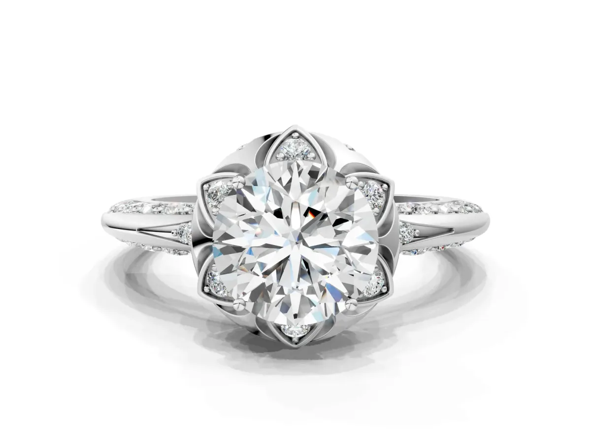 Round Cut Halo Split Shank Pave Diamond Ring with Petal Prong Setting Platinum