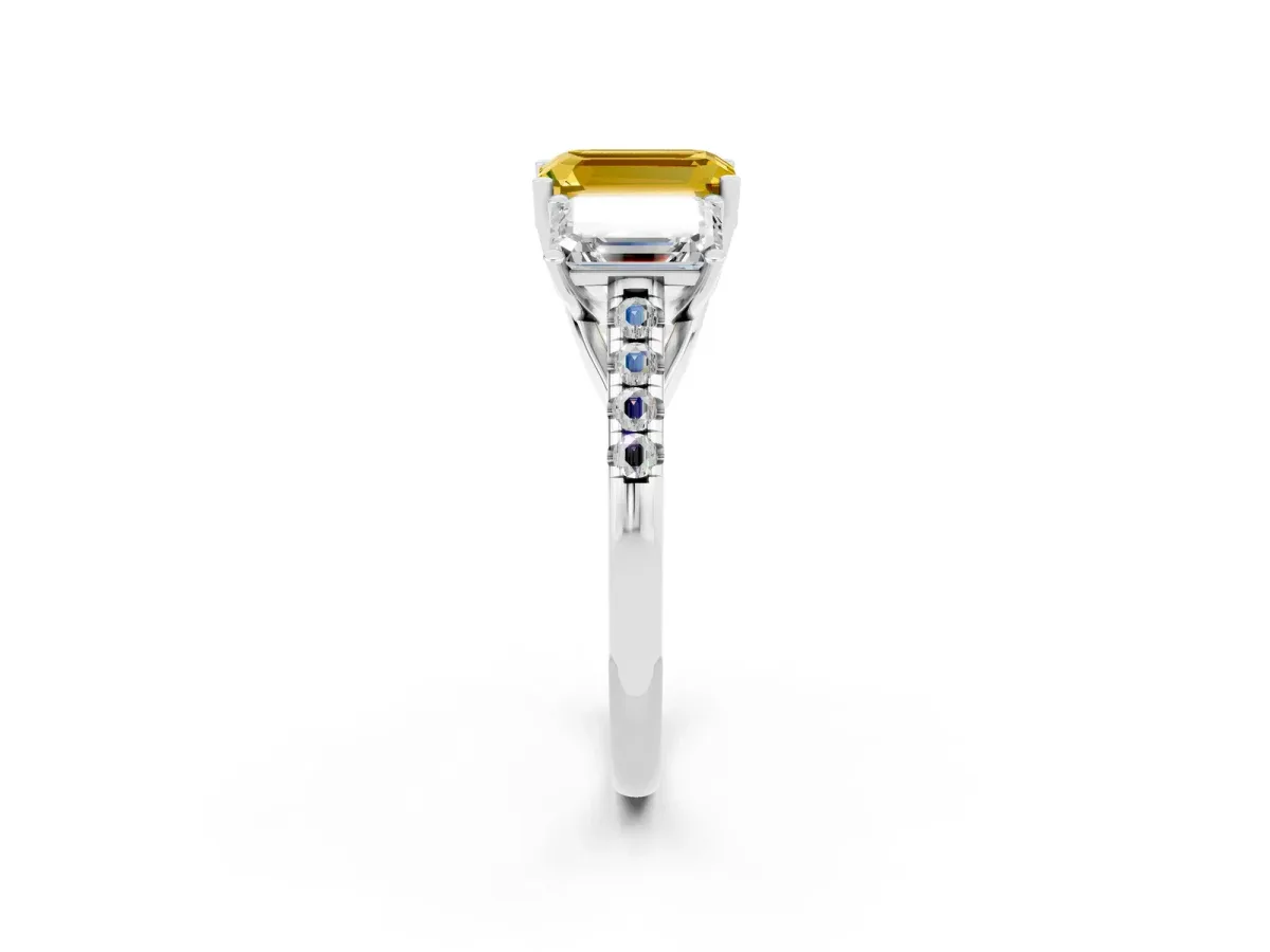 Three-Stone Emerald Cut Yellow Sapphire Ring with Round Pavé Band and Prong Setting Silver