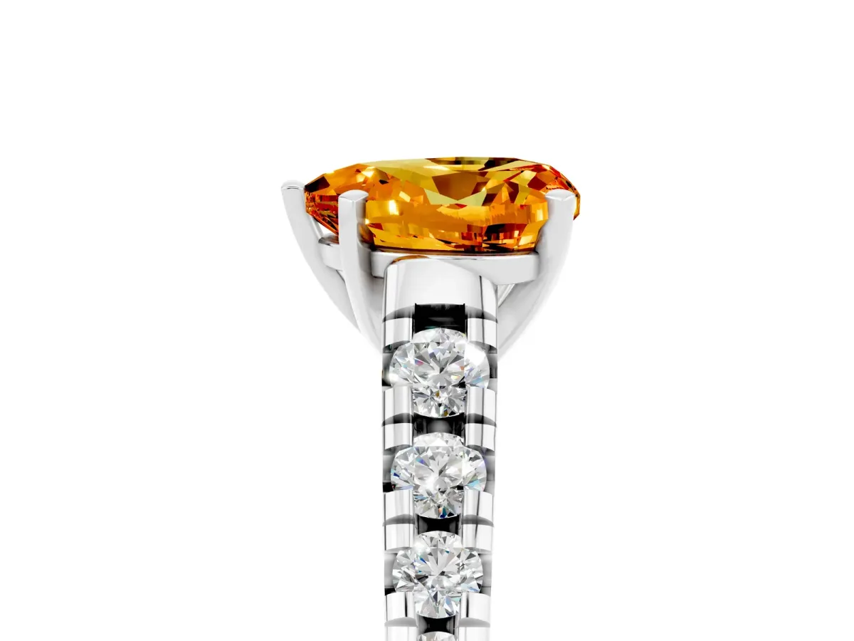 Heart Cut Citrine Cathedral Solitaire Ring with Round Pavé Band Silver