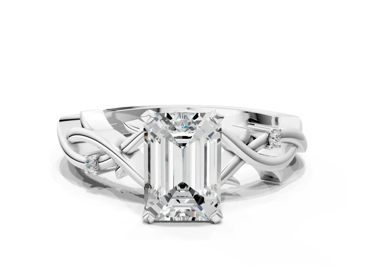 Emerald Cut Diamond Solitaire Ring with Twisted Band and Prong Setting White gold
