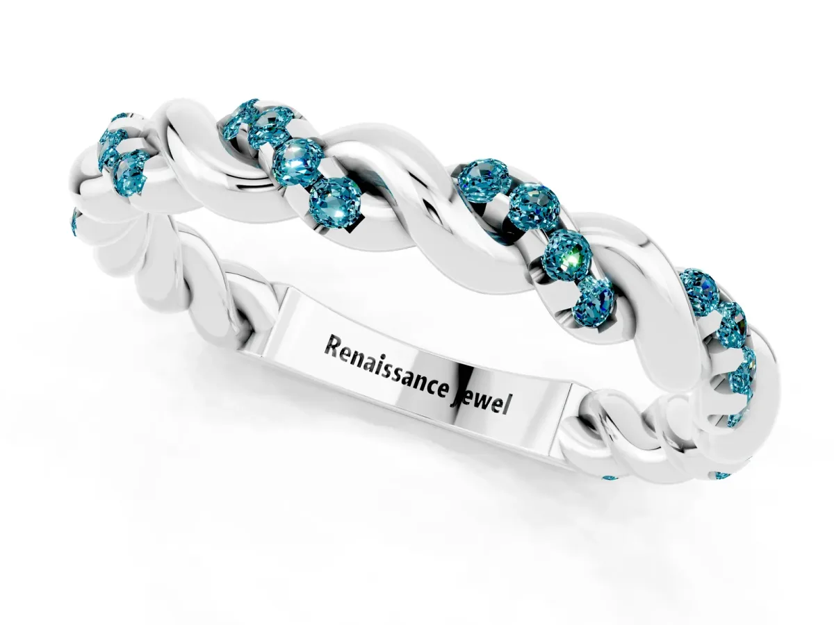 Twisted Pavé Round Blue Topaz Eternity Band Platinum