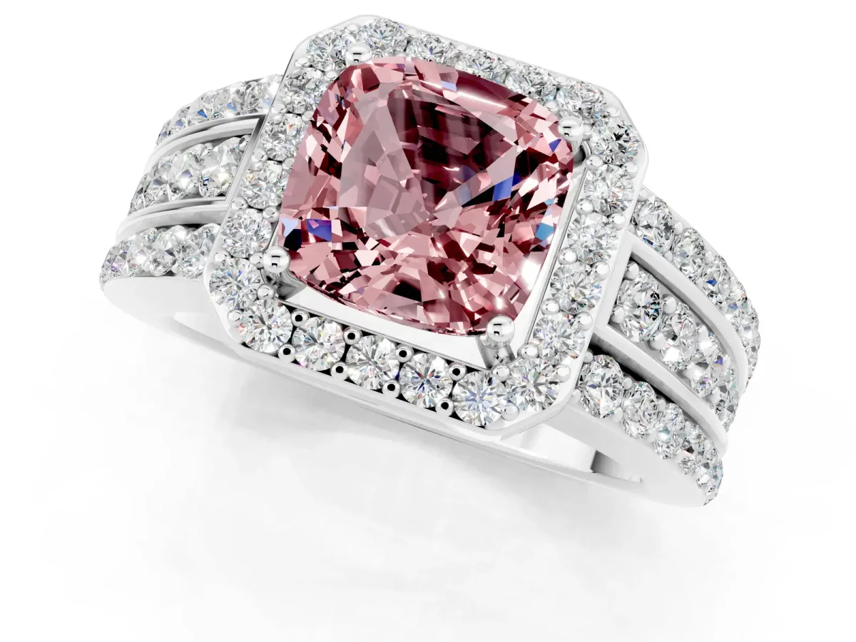 Cushion Cut Halo Morganite Ring with Round Split Shank and Prong Setting Silver