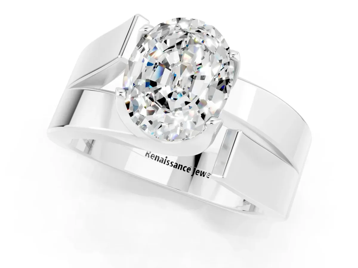 Modern Tension Set Oval Cut Moissanite Solitaire Wide Band Ring Silver