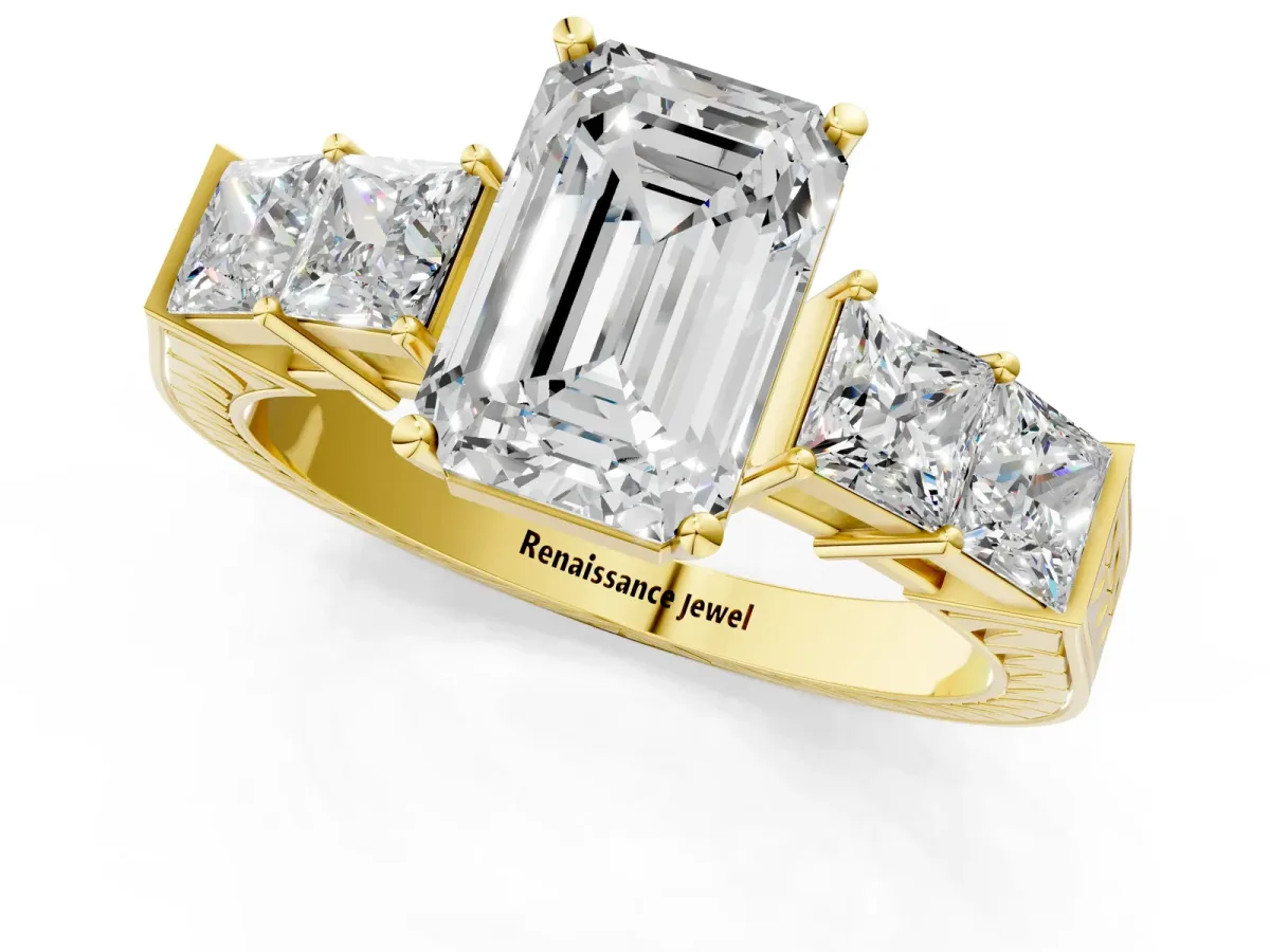 Emerald Cut Solitaire Princess Side Stone Engraved Band Prong Setting Ring Yellow gold