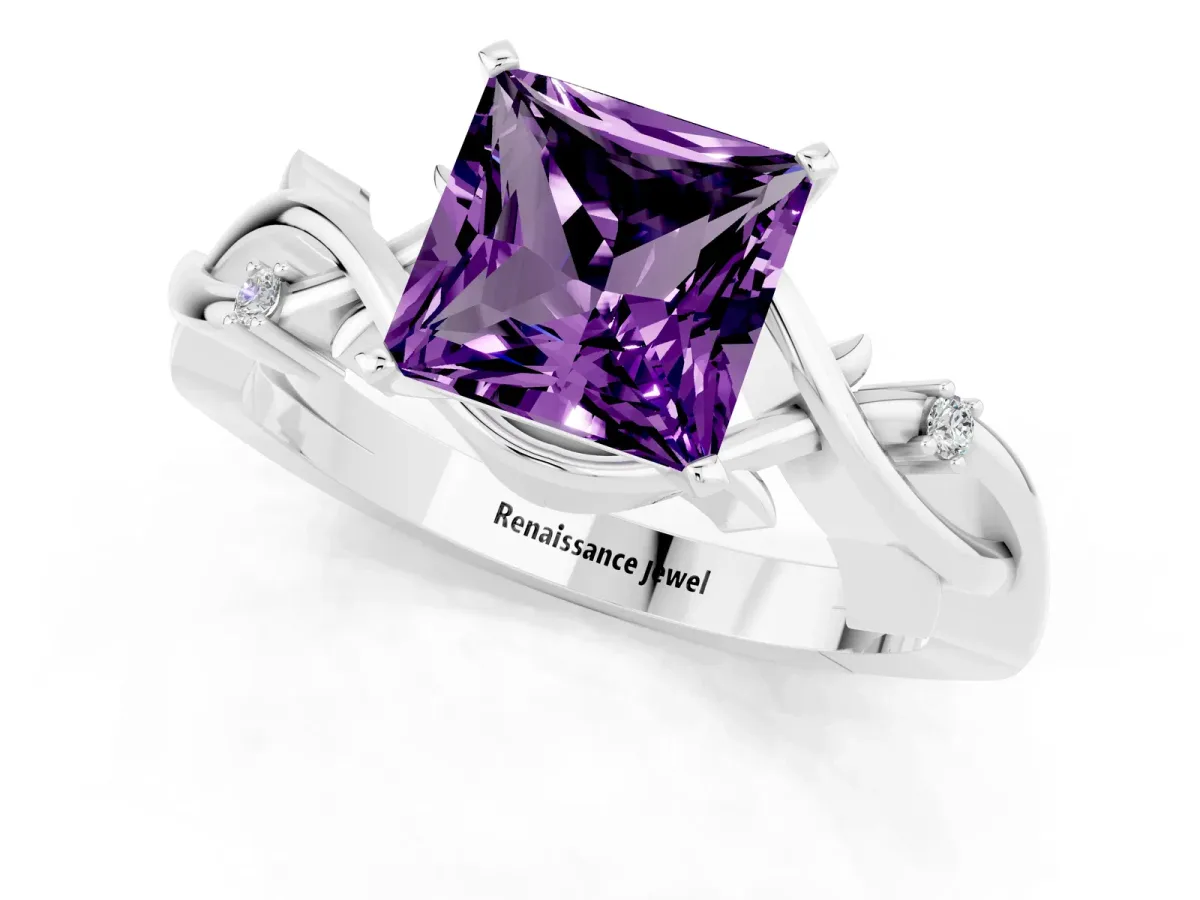 Princess Cut Amethyst Solitaire Ring with Twisted Band and Prong Setting Silver