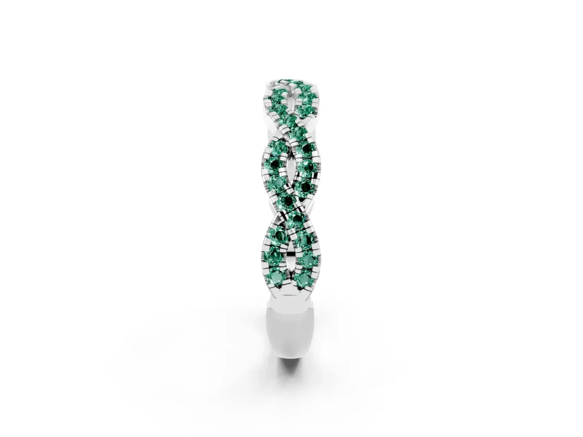 Round Green Sapphire Twisted Eternity Band with Pavé and Shared Prong Setting Silver