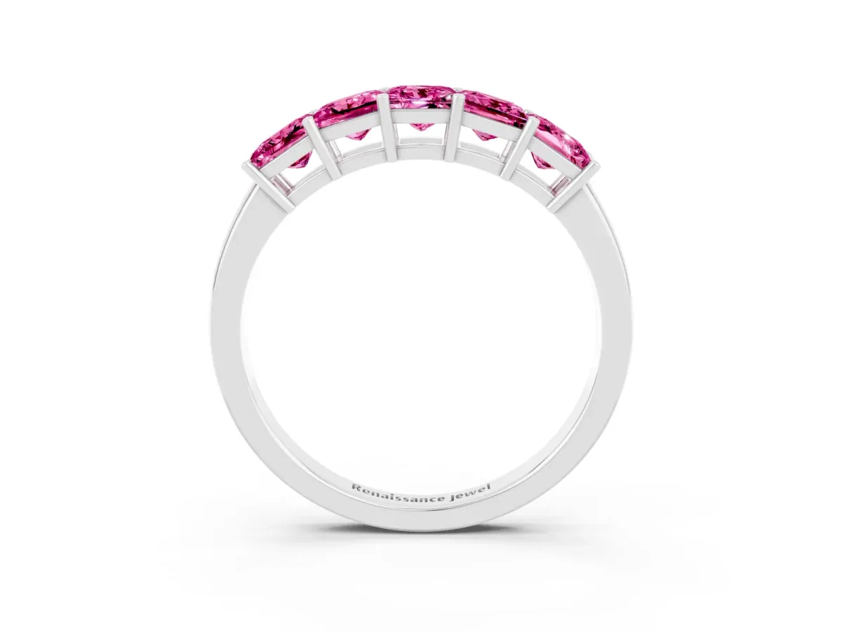 Princess Cut Five-Stone Pink Sapphire Band with Prong Setting Platinum