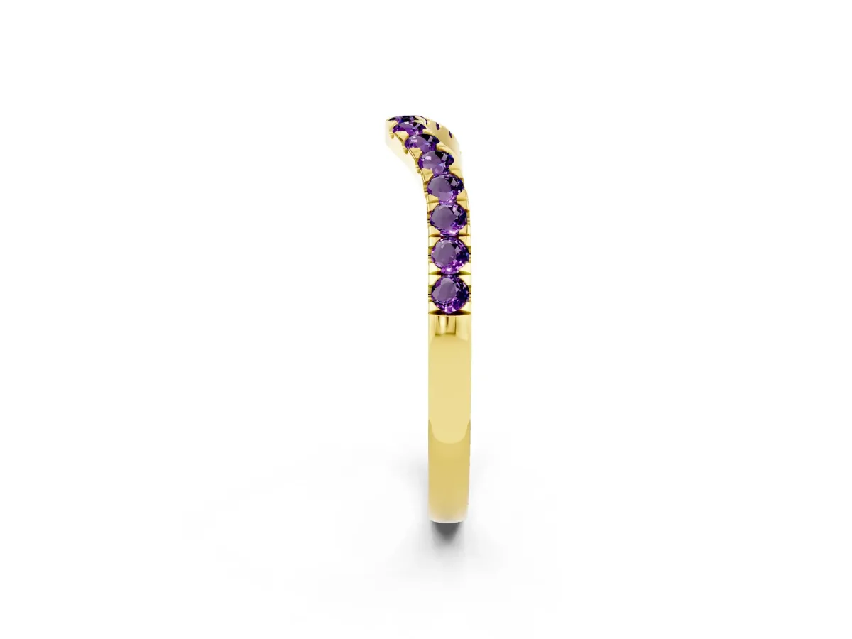Curved Pavé Round Amethyst Wedding Band with Shared Prong Setting Yellow gold