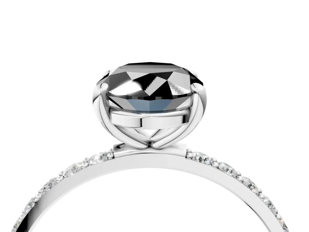 Fancy Black Oval Cut Diamond Solitaire Ring with Round Pavé Band and Prong Setting Silver