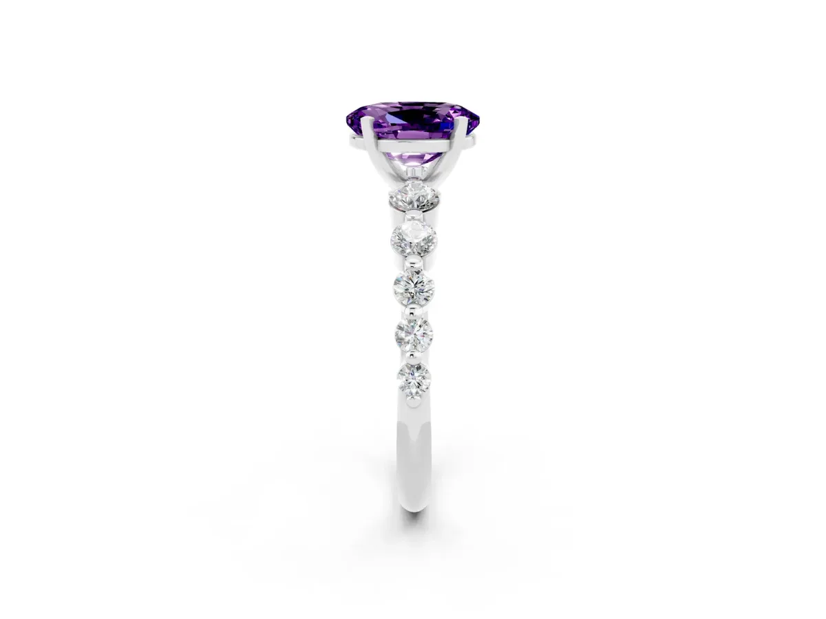 Oval Cut Solitaire Amethyst Ring with Pave Band and Four-Prong Setting Platinum