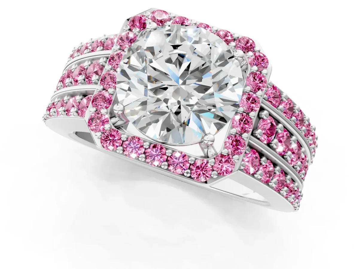 Round Cut Halo Diamond Ring with Round Pink Sapphire Split Shank and Prong Setting Silver