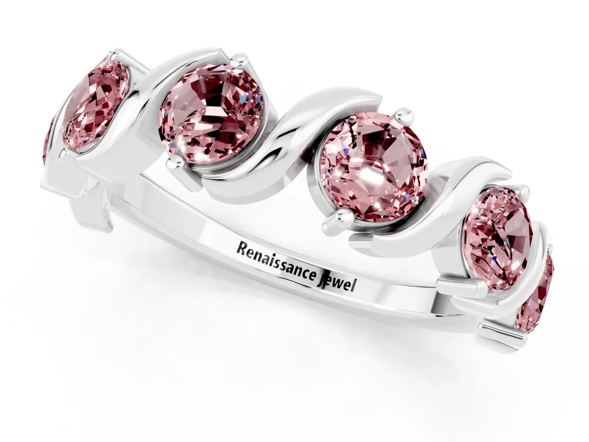Six-Stone Round Morganite Wave Band with Shared Prong Setting Silver