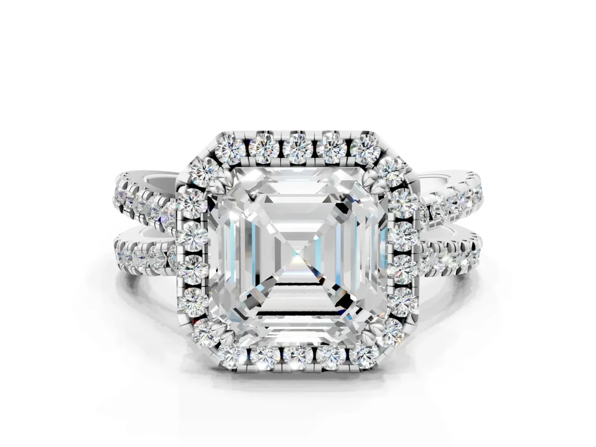 Asscher Cut Halo Split Shank Diamond Ring with Pavé Setting Platinum