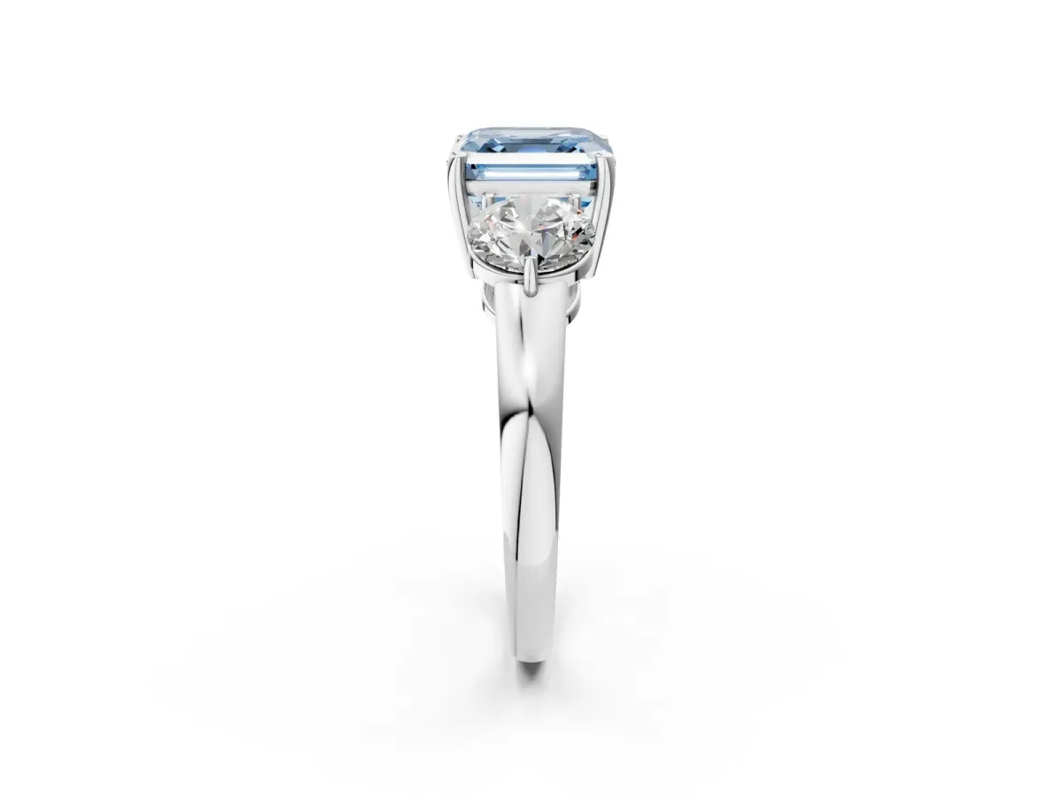 Fancy Blue Asscher Cut Diamond Three-Stone Ring with Prong Setting and Classic Band Platinum