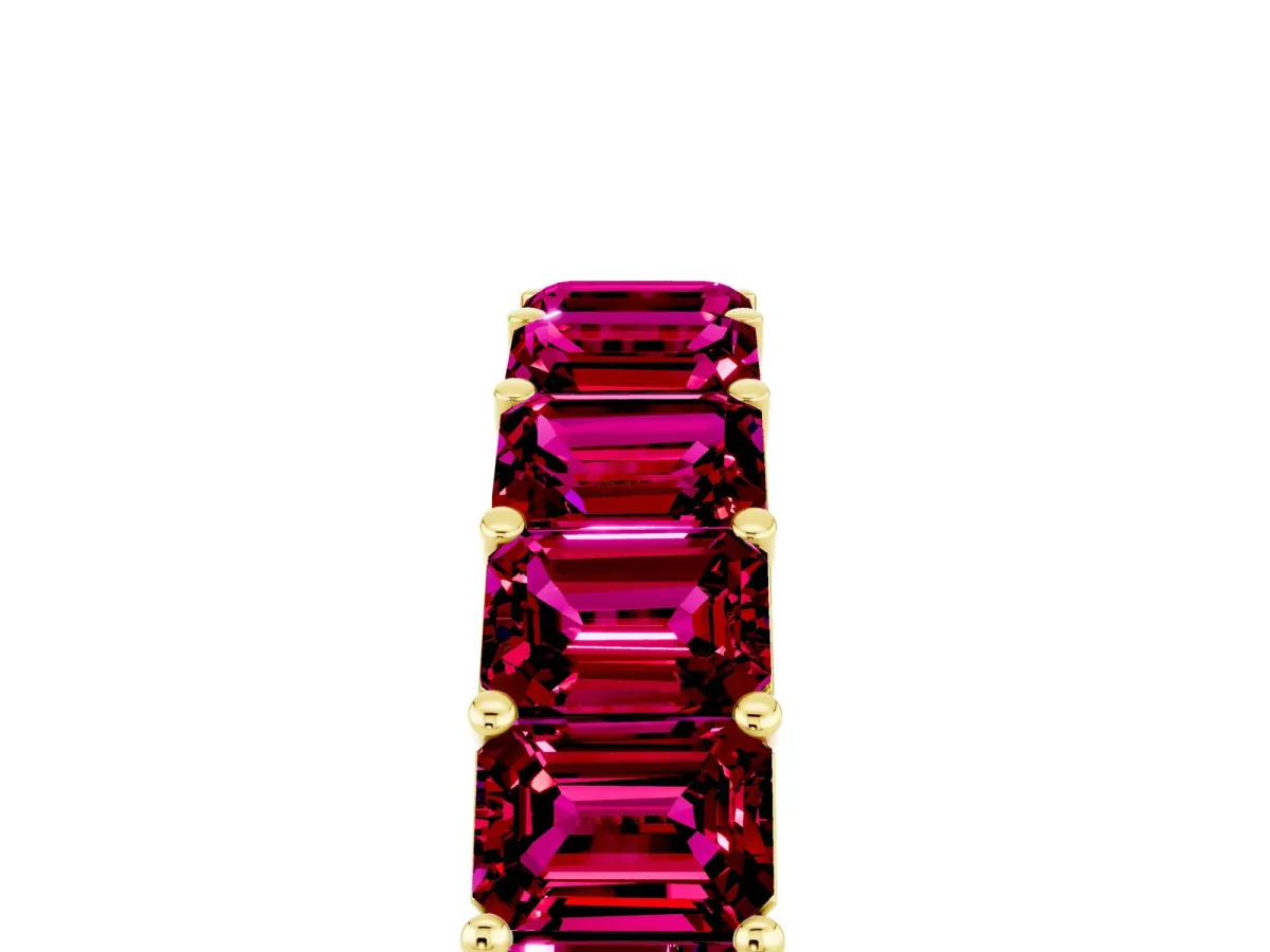 Emerald Cut Garnet Eternity Band with Shared Prong Setting Yellow gold