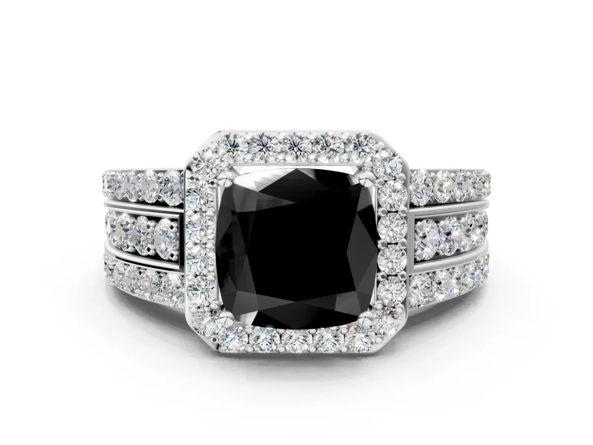 Fancy Black Cushion Cut Halo Diamond Ring with Round Split Shank and Prong Setting White gold