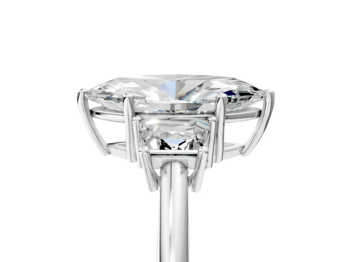 Marquise Cut Diamond Three-Stone Ring with Trapezoid Side Stones and Prong Setting White gold