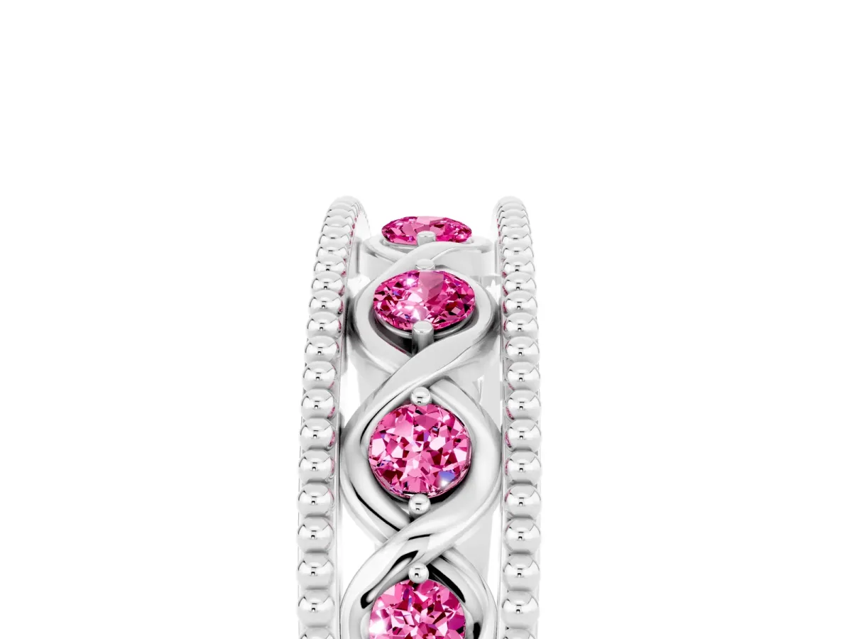 Round Pink Sapphire Twist Milgrain Band with Bezel Setting Silver