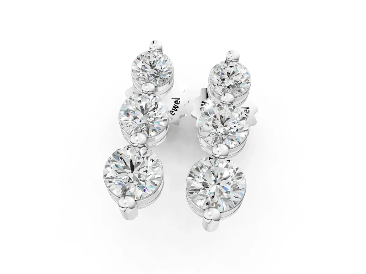 Three-Stone Round Diamond Drop Earrings with Prong Setting on White Gold Silver