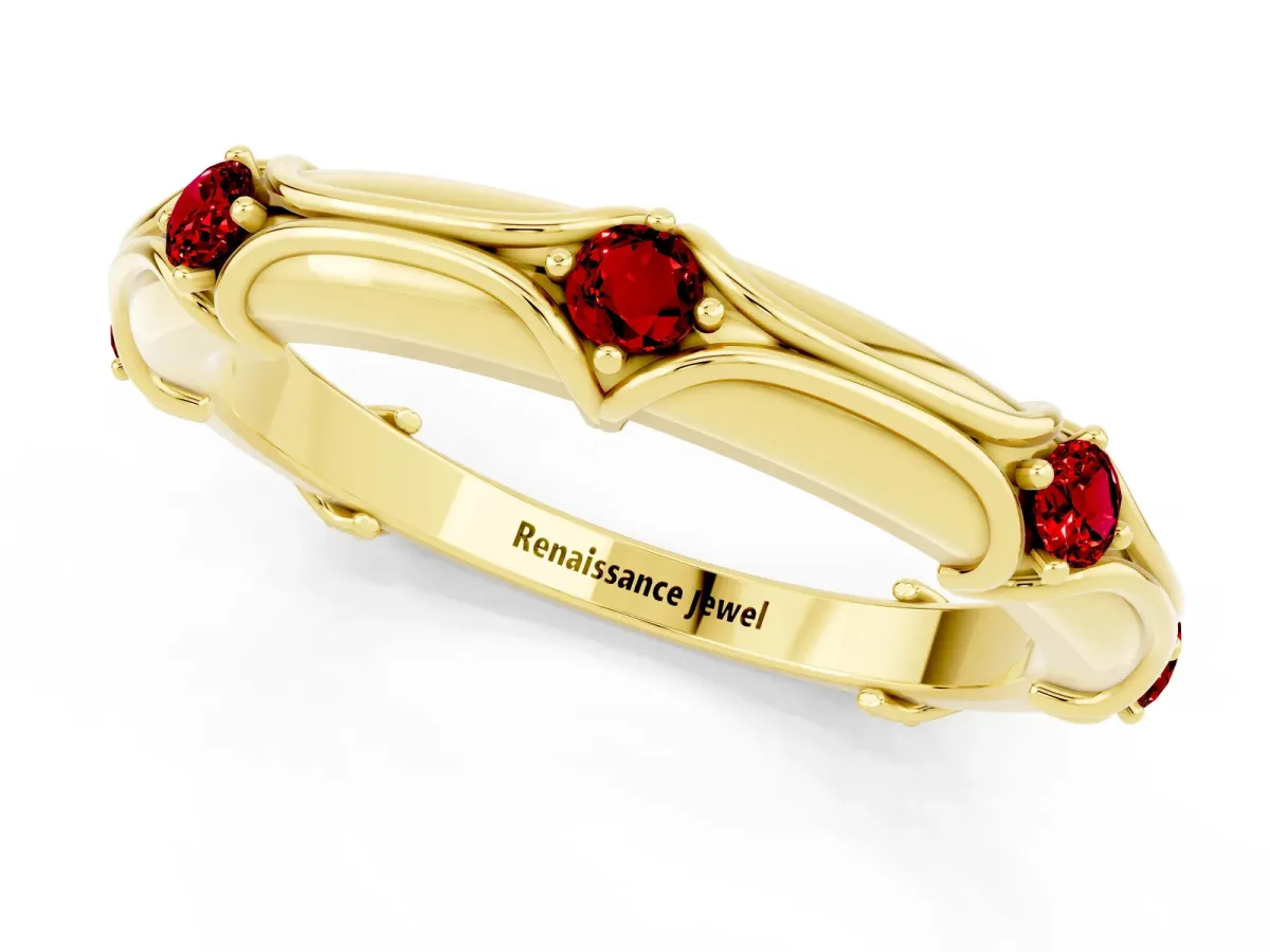Round Ruby Prong Set Milgrain Eternity Band Yellow gold