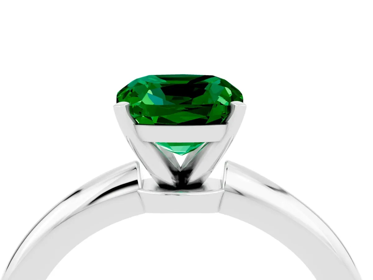 Cushion Cut Emerald Solitaire Ring with Six-Prong Setting and Classic Band Silver