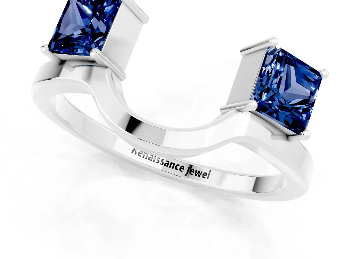 Princess Cut Blue Sapphire Two-Stone Open Band Ring with Four-Prong Setting White gold