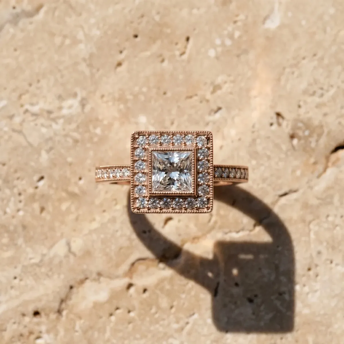 Princess Cut Cut Halo Pavé Diamond Ring Rose gold
