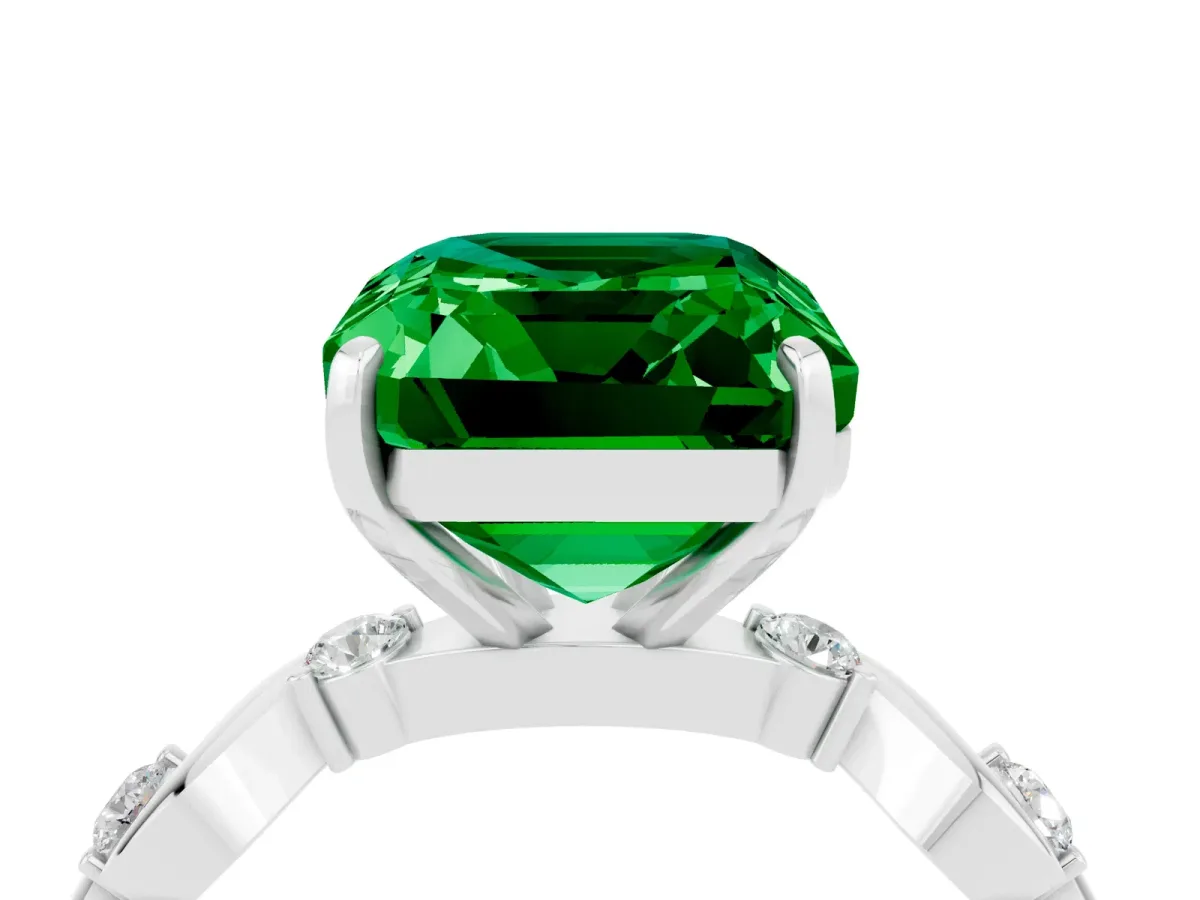 Emerald Cut Emerald Solitaire Twisted Band with Round Accents and Prong Setting Silver