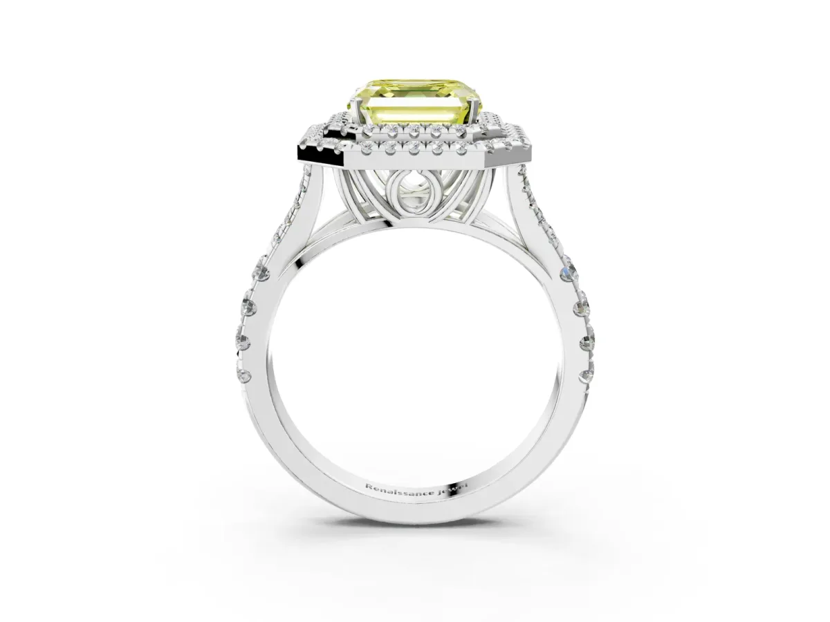 Fancy Yellow Asscher Cut Diamond Pavé Split Shank Double Halo Engagement Ring Platinum