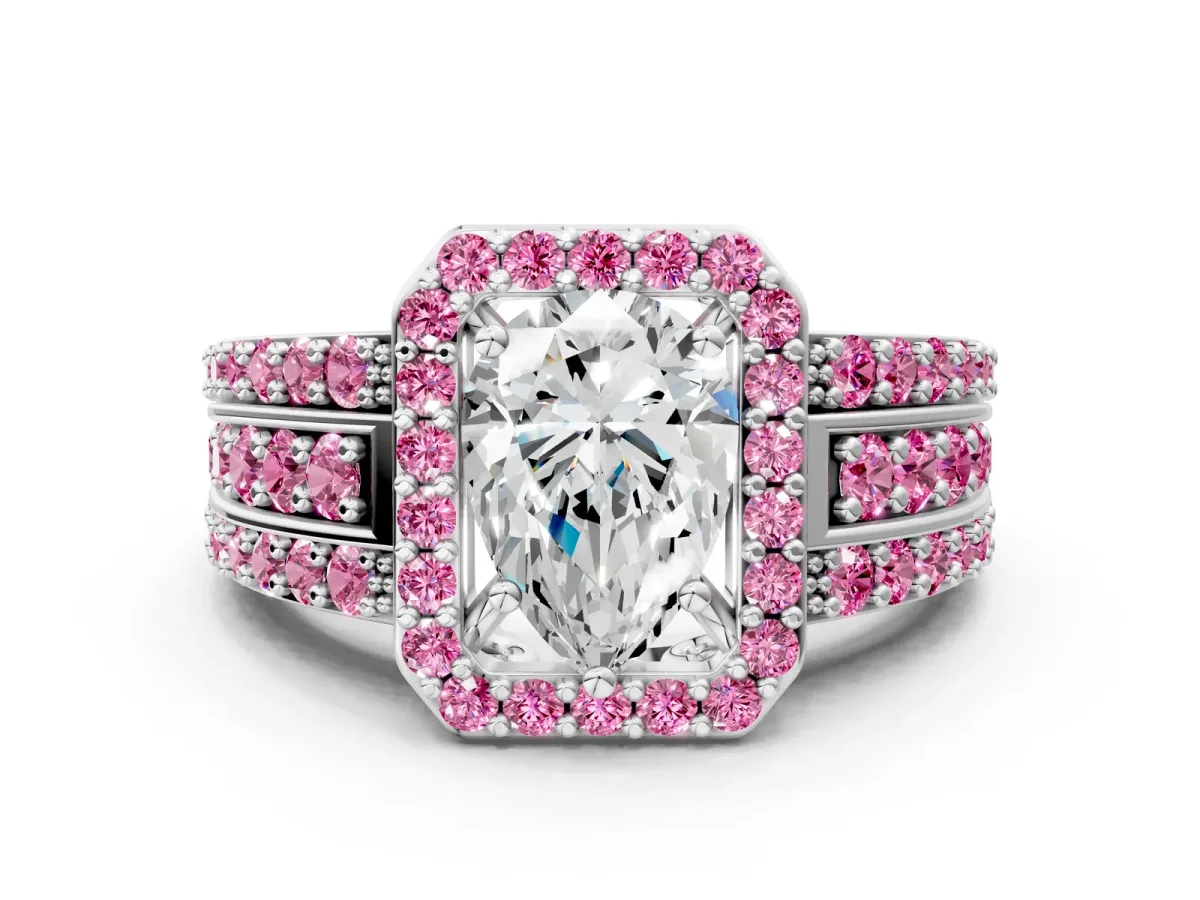 Pear Cut Halo Diamond Ring with Round Pink Sapphire Split Shank and Prong Setting Silver