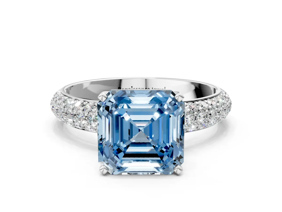Fancy Blue Asscher Cut Diamond Solitaire Ring with Prong Setting and Pavé Band Platinum