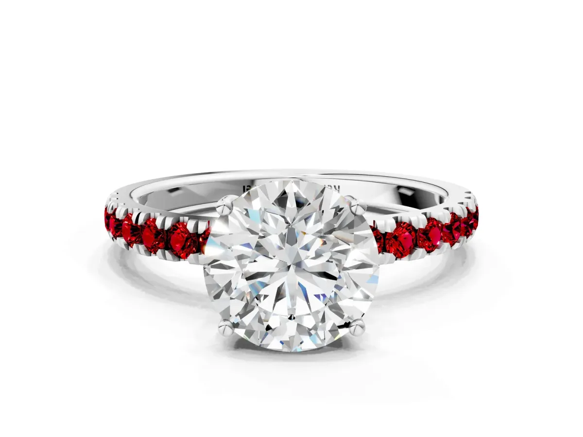 Round Cut Diamond Pave Band Solitaire Ring with Round Ruby and Prong Setting White gold