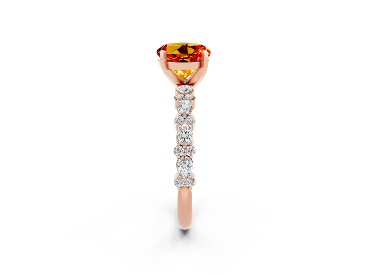 Round Cut Citrine Side Stone Solitaire Ring with Round and Four-Prong Setting Rose gold