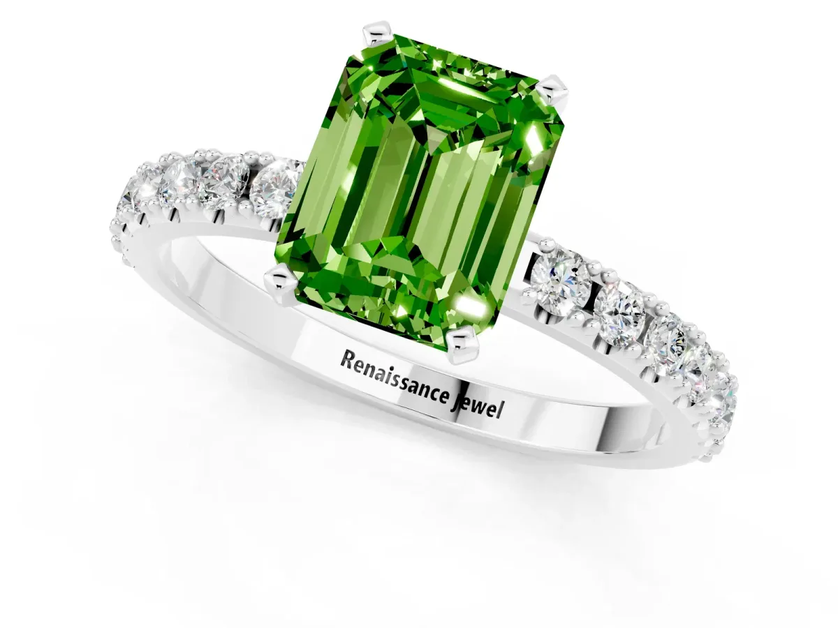 Emerald Cut Peridot Solitaire Pavé Band with Four-Prong Setting Silver