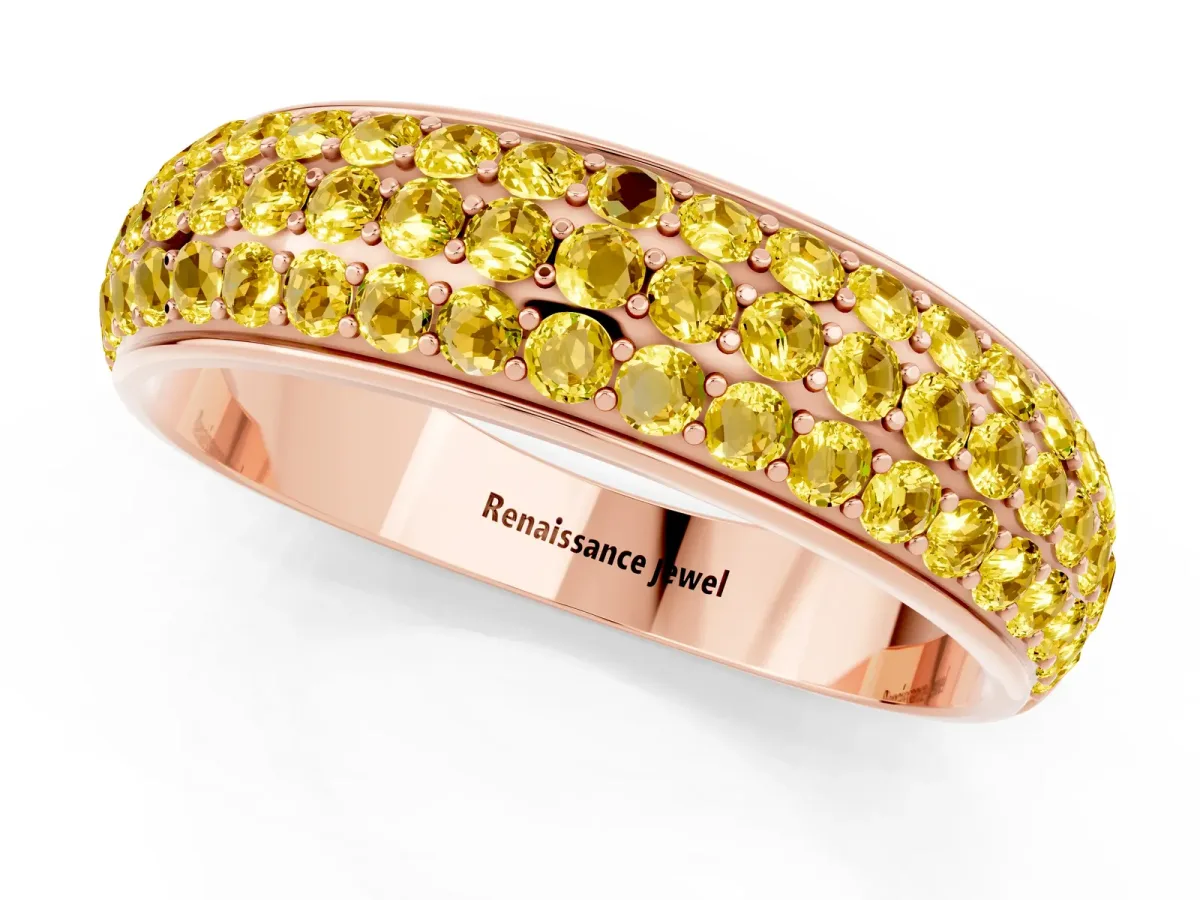 Three-Row Round Yellow Sapphire Eternity Band with Shared Prong Setting Rose gold