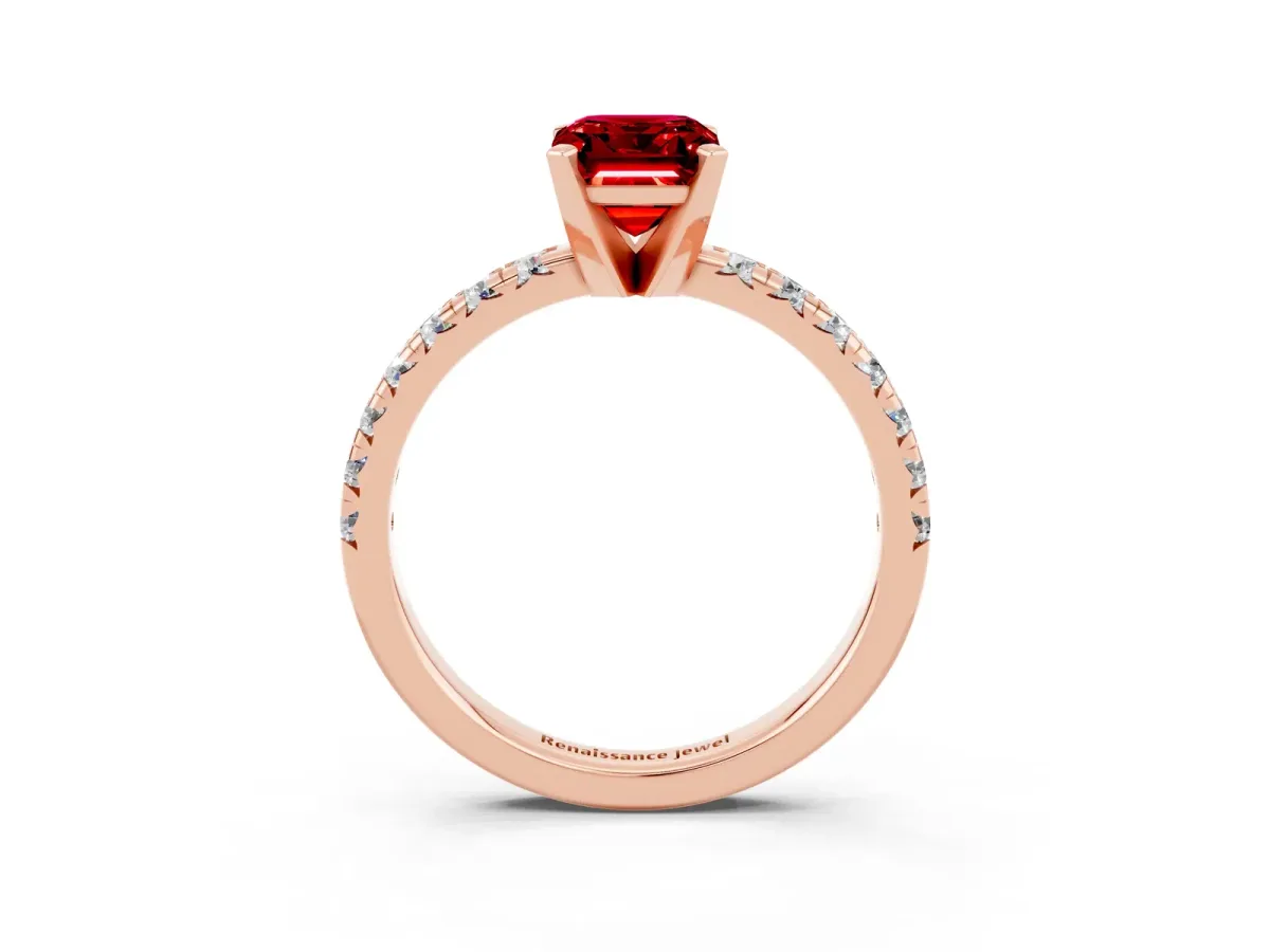 Emerald Cut Ruby Solitaire Pavé Engagement Ring with Round Band and Prong Setting Rose gold