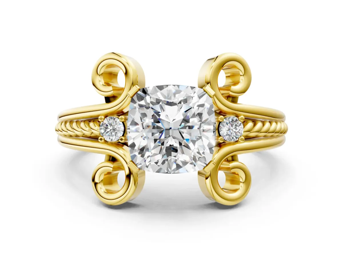 Cushion Cut Solitaire Twisted Band Scroll Prong Ring Yellow gold