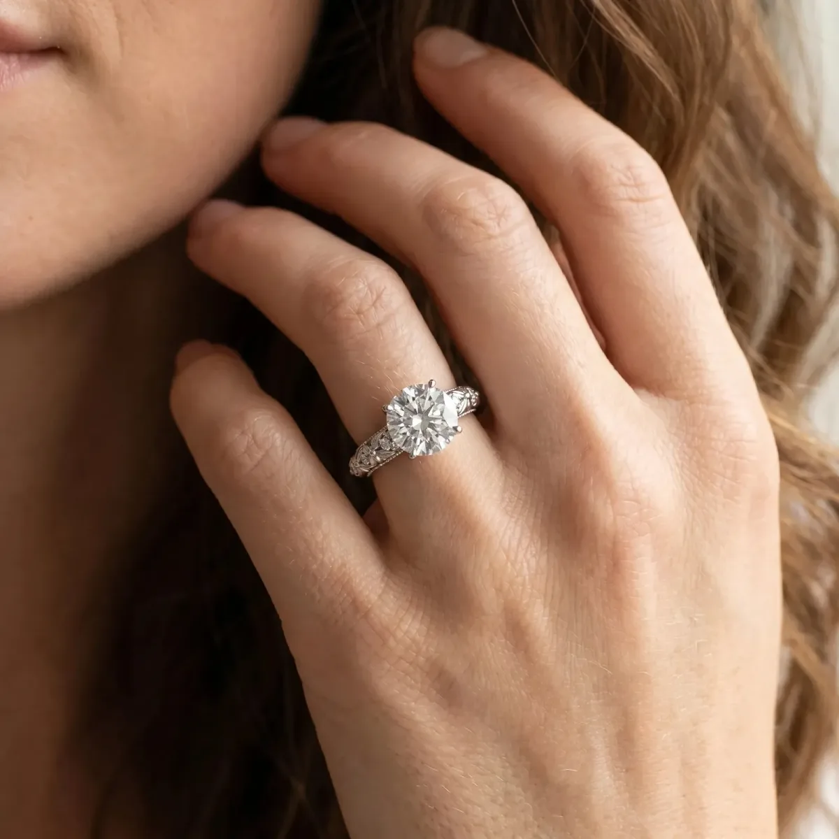 Round Cut Solitaire Floral Milgrain Engagement Ring Silver