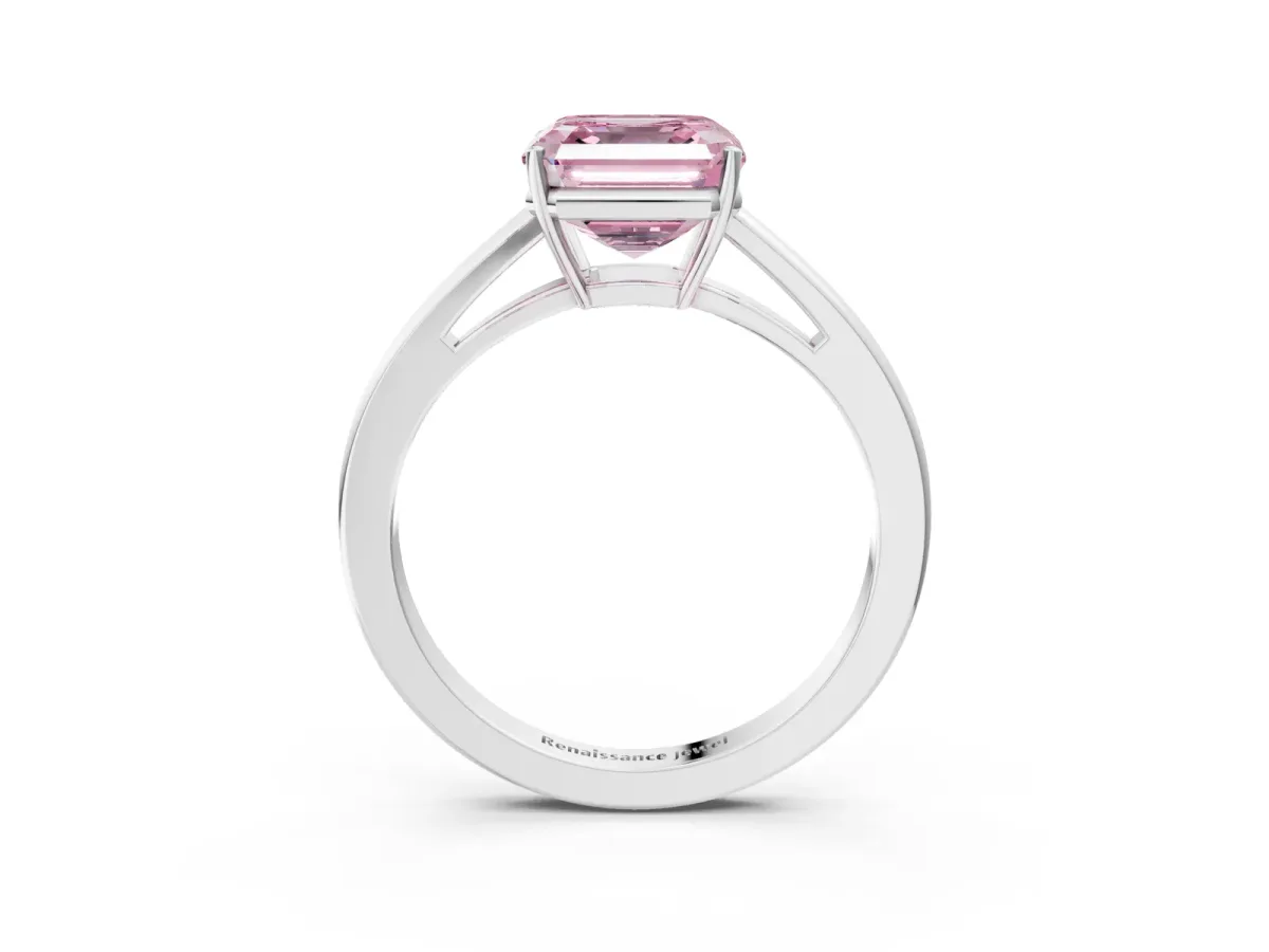 Fancy Pink Asscher Cut Solitaire Diamond Ring with Split Shank and Four-Prong Setting Platinum