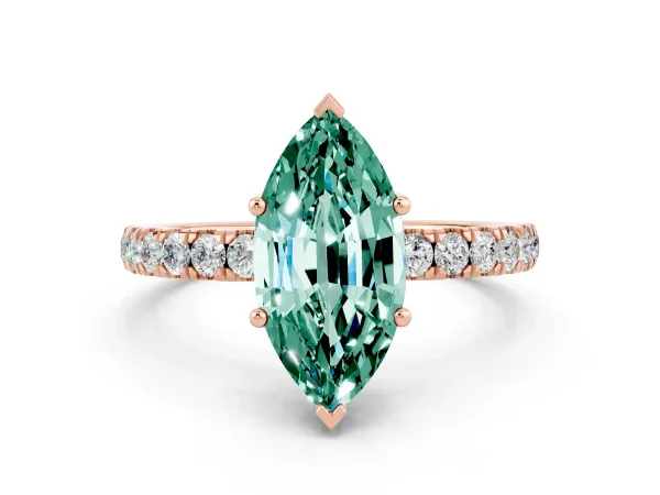 Marquise Cut Green Sapphire Pave Band Solitaire Ring with Round and Prong Setting Rose gold