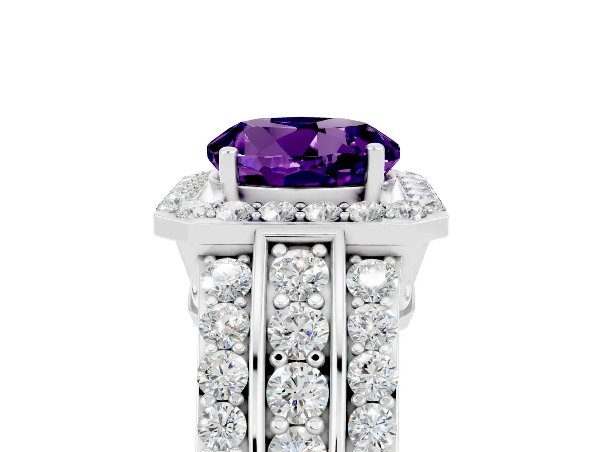 Round Cut Halo Amethyst Ring with Round Split Shank and Prong Setting Silver