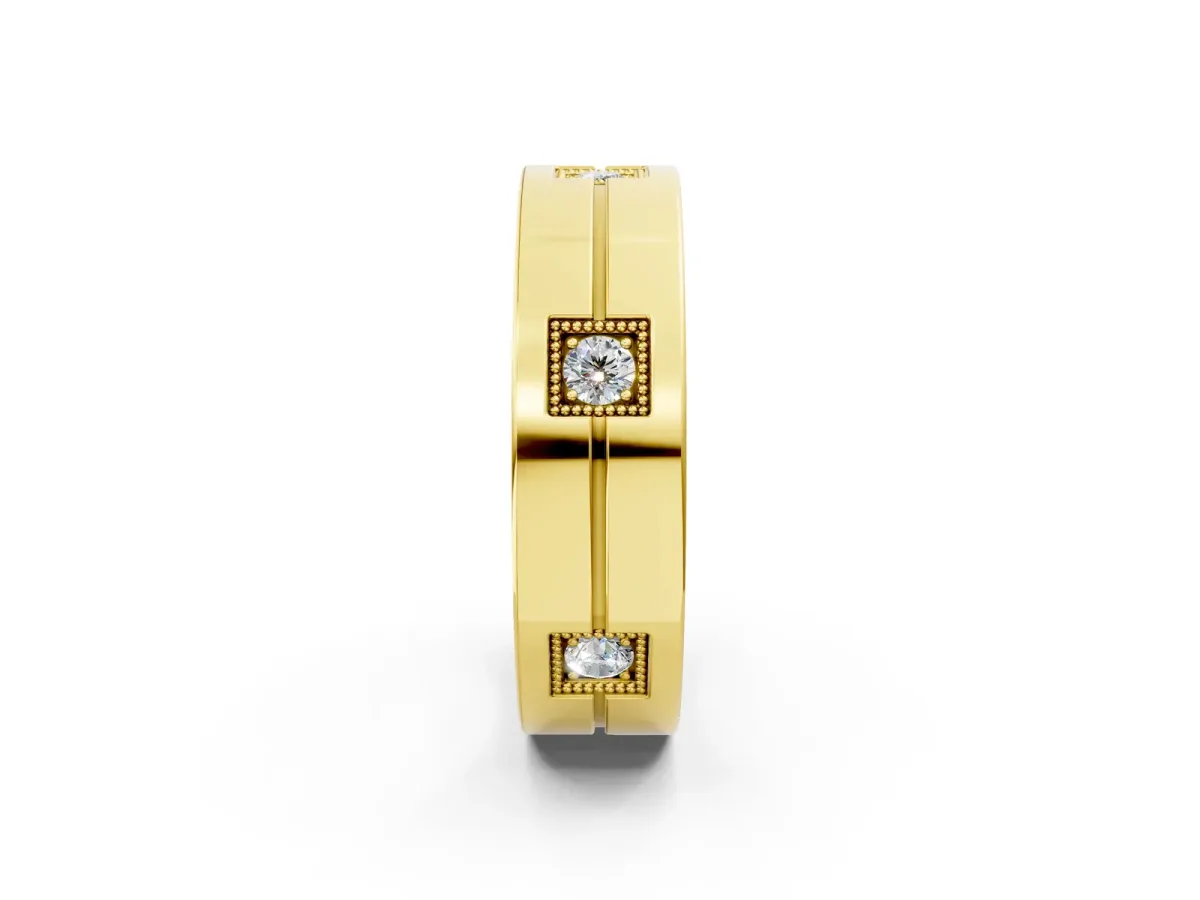 Round Diamond Square Station Mens Band Yellow gold